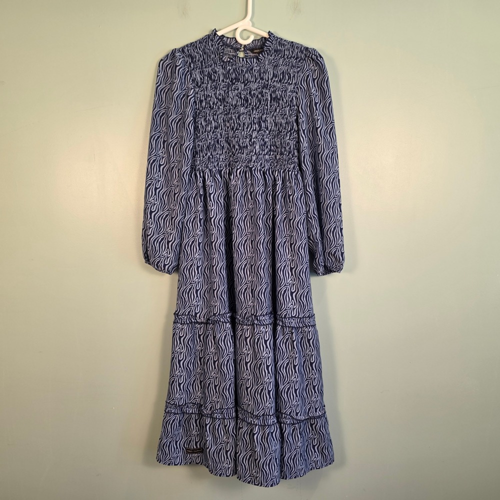 Simply Southern Geometric Print Smocked Tiers Midi Dress Navy Blue Long Sleeve M